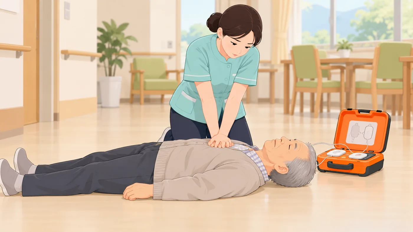 가슴 한가운데를 강하고 빠르게, 쉬지 않고 누릅니다.