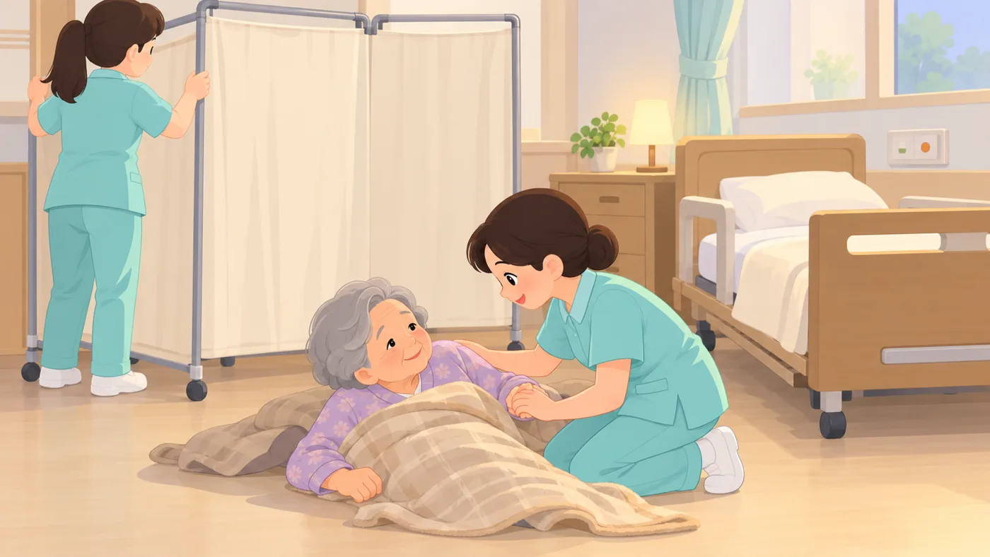 바로 일으키지 않고 곁을 지키는 동안, 두 번째 직원이 가림막을 칩니다.