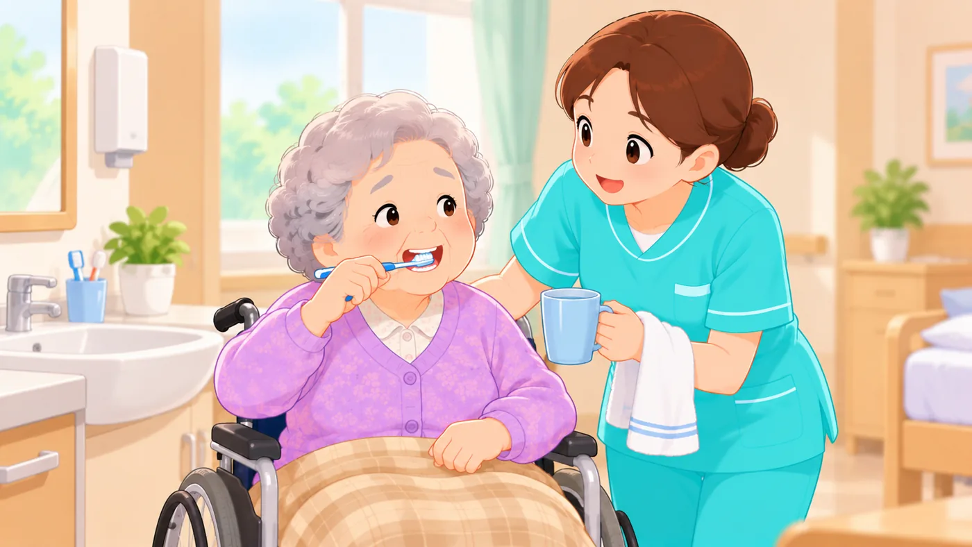 바르게 앉으신 자세에서 스스로 닦으시도록 돕고, 부족한 곳만 마무리합니다.
